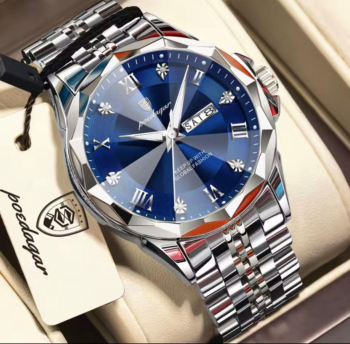 POEDAGAR 698 Stainless Steel Day and Date Gents Watch